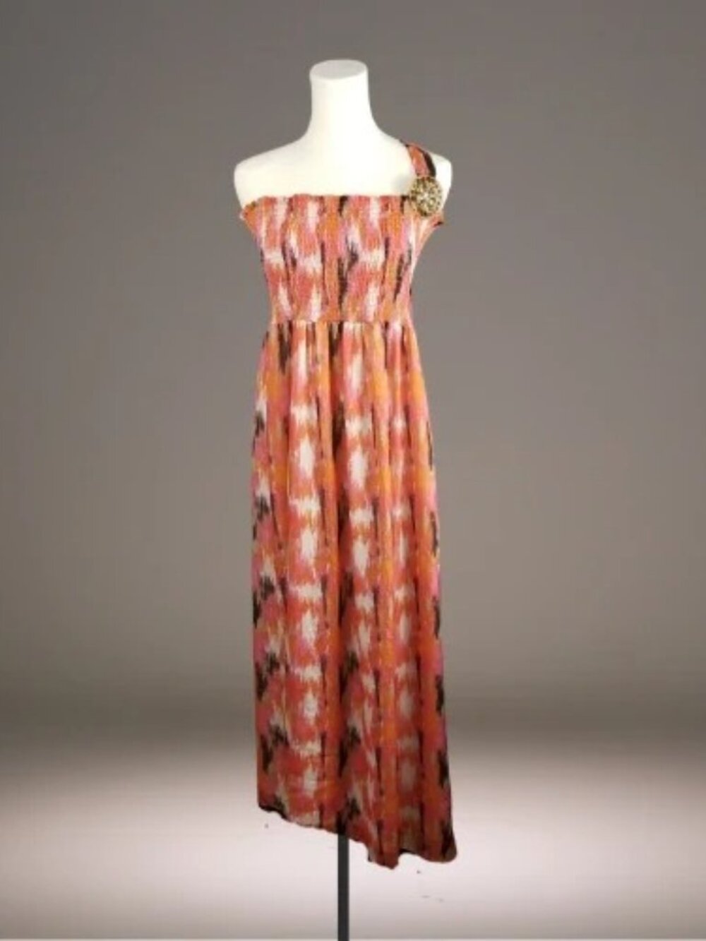 Fashion Bug Womens 1X Abstract Print Smocked One Shoulder Maxi Dress